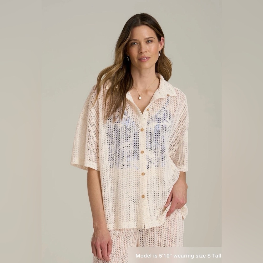 American Tall Openwork Loose Knit short Sleeve Top natural Cream S Button down